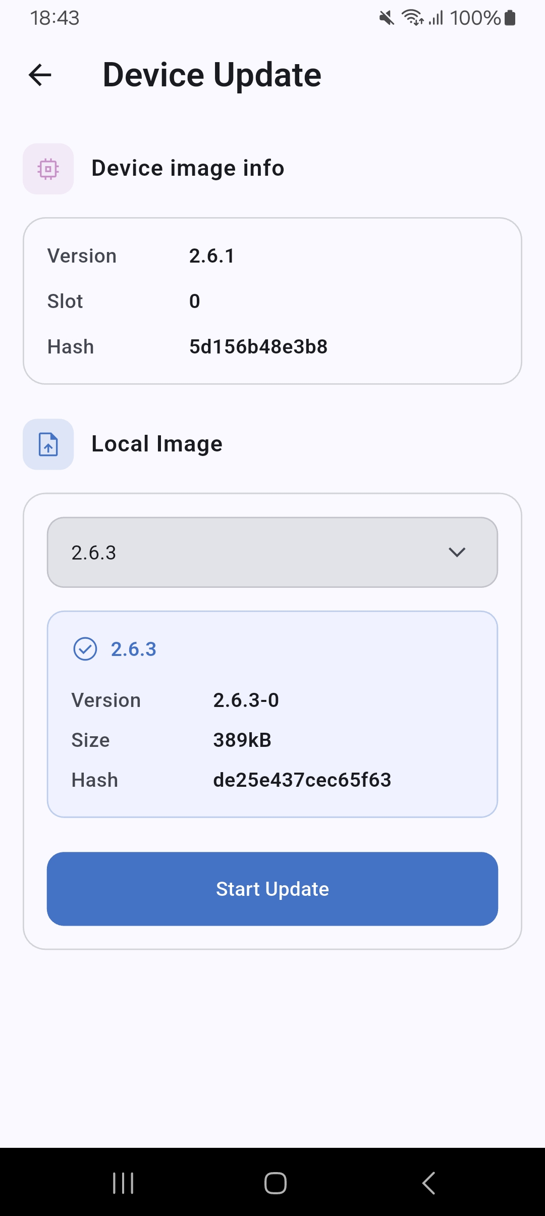 Firmware update screen with device image info and Start Update button